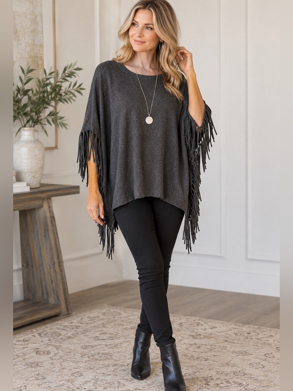 Frank Lyman Design Black Fringe Poncho Top Boho Western Size L
